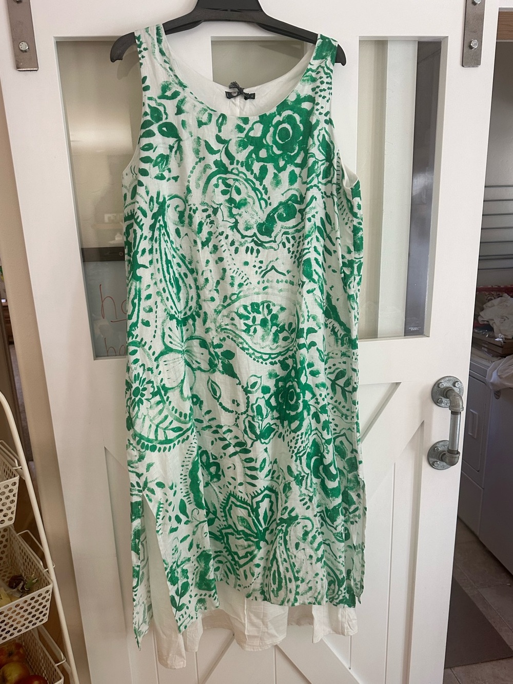 Sleeveless White Midi Dress with Green Floral Print